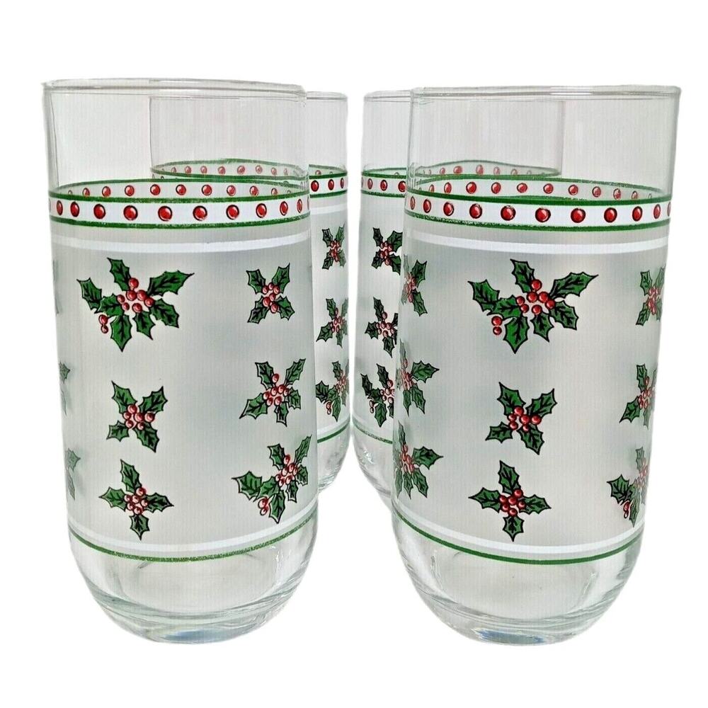 4 Vintage Frosted Holly Berry Christmas Glasses Tumblers Festive Glassware